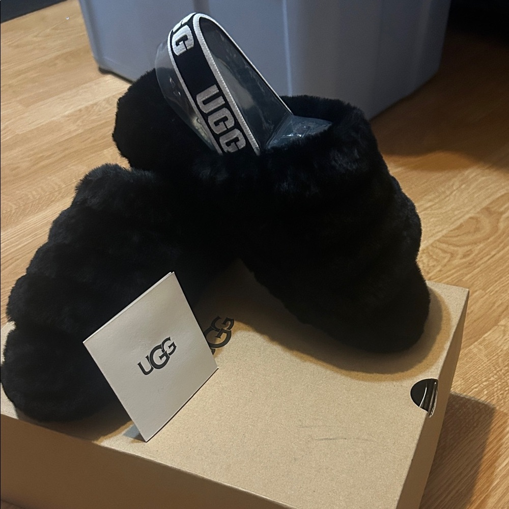 UGG Black Fluffy Slippers